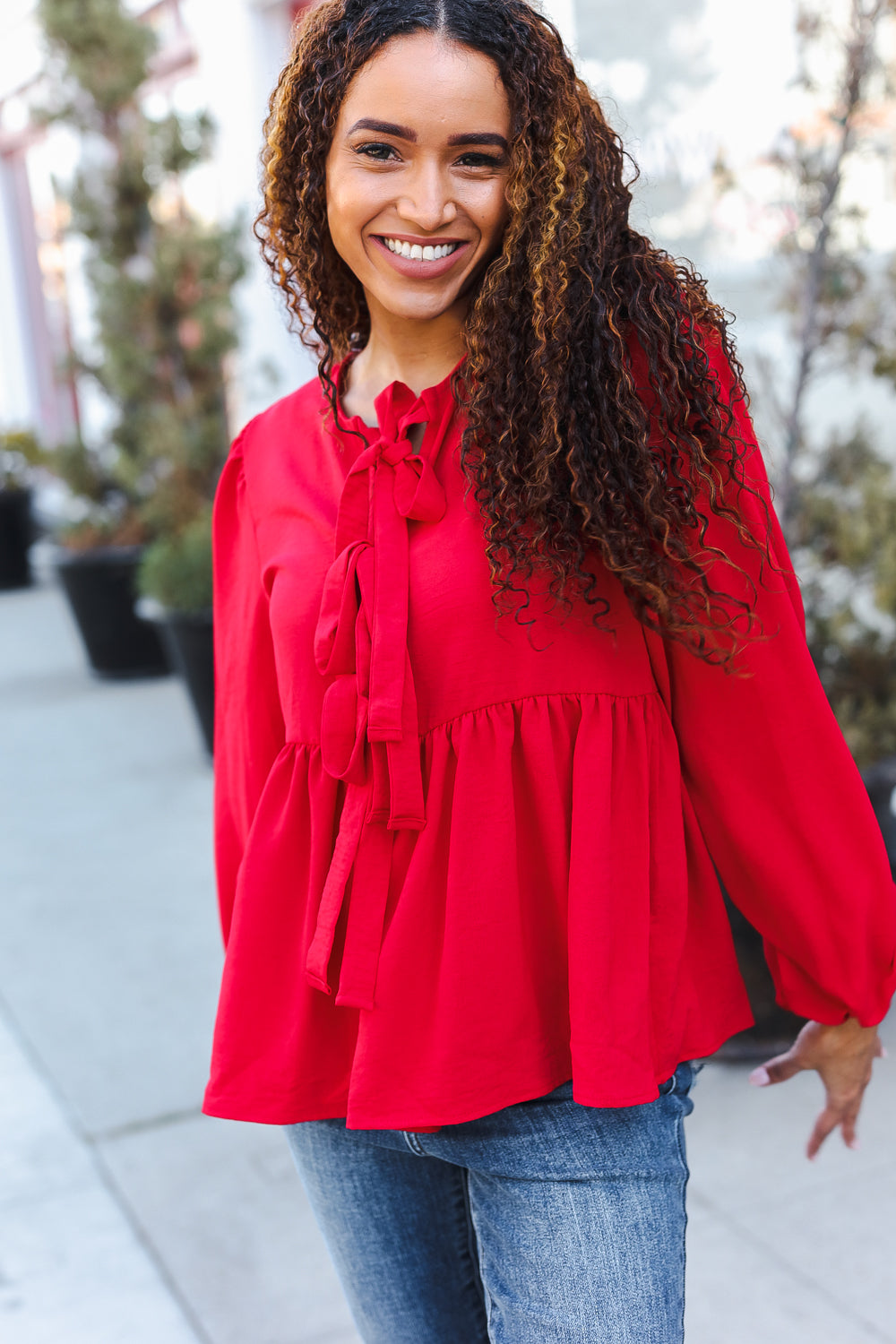 Red Ribbon Bow Tie Babydoll Woven Top