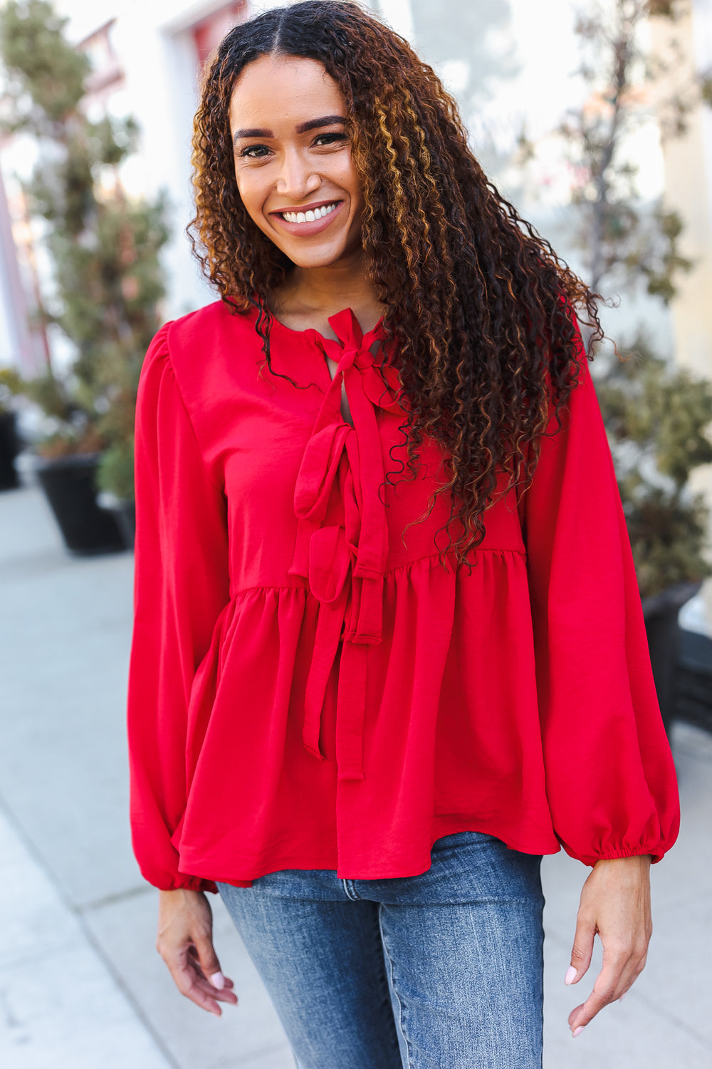 Red Ribbon Bow Tie Babydoll Woven Top