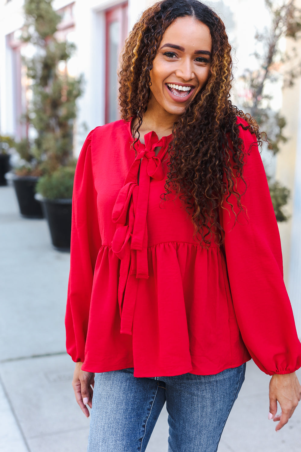 Red Ribbon Bow Tie Babydoll Woven Top