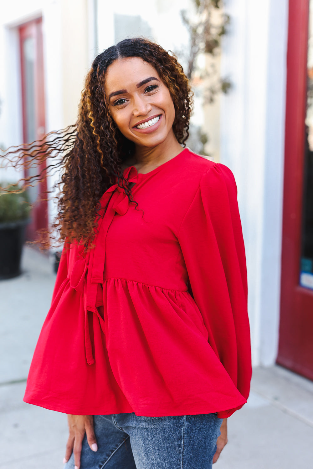 Red Ribbon Bow Tie Babydoll Woven Top