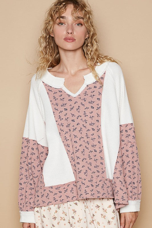 Waffle Knit Floral Notched Long Sleeve Top