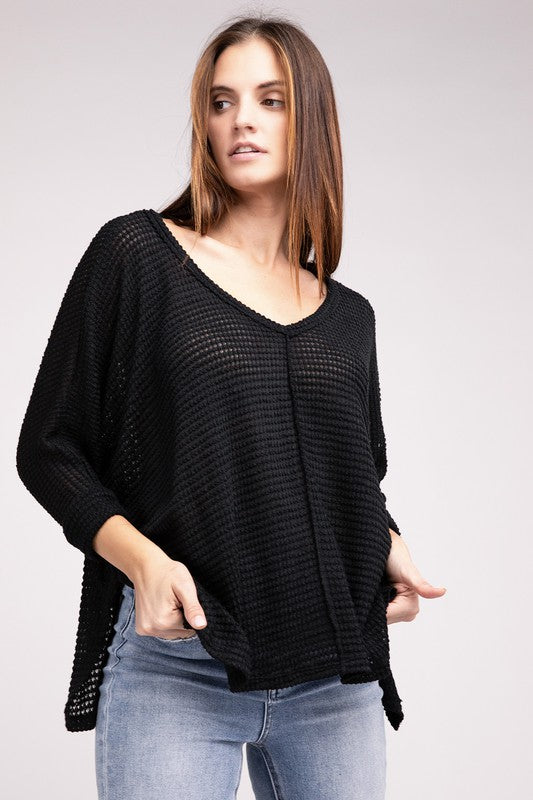 3/4 Sleeve V-Neck Hi-Low Hem Jacquard Sweater