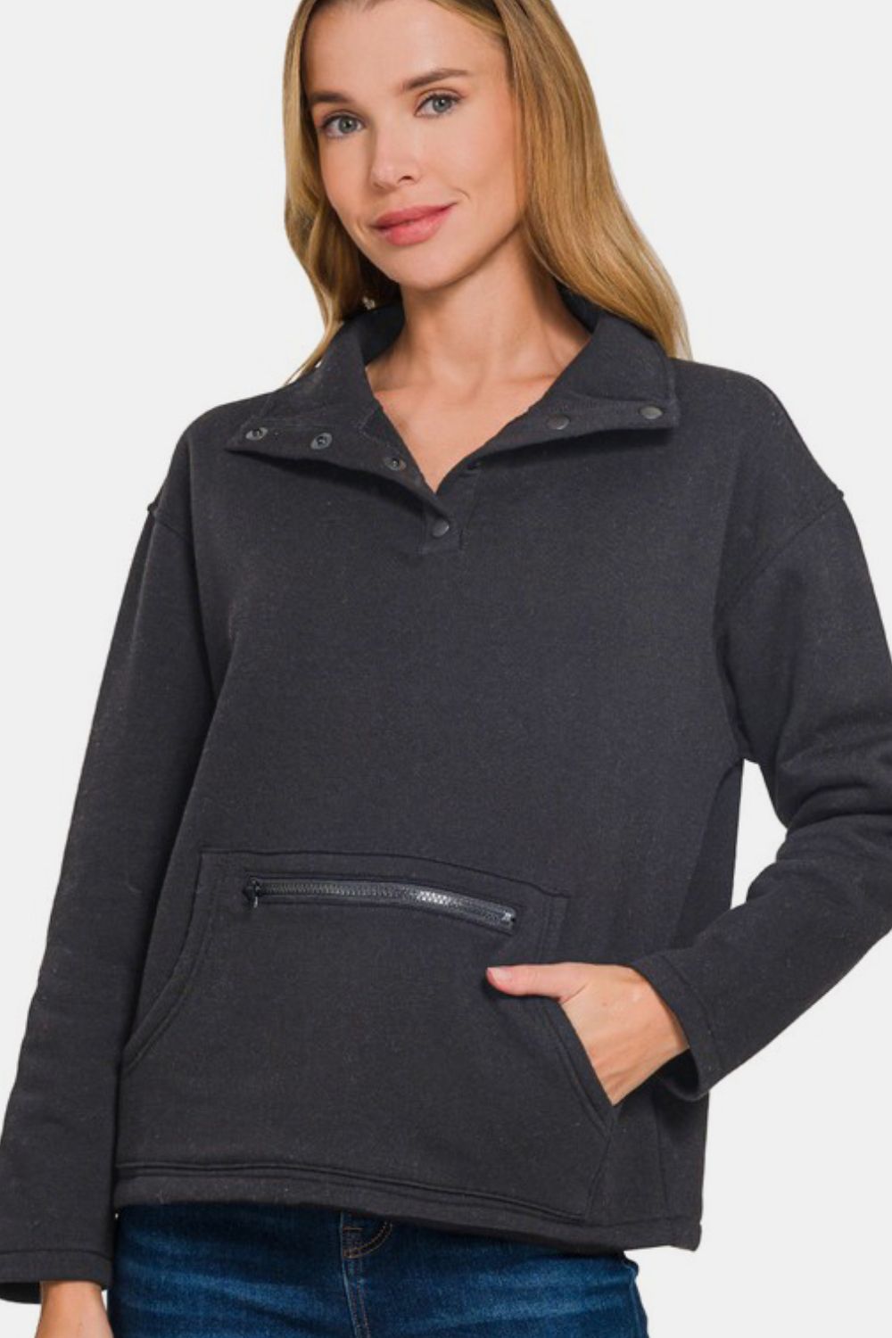 Fleece High Neck Half Snap Button Front Sweatshirt