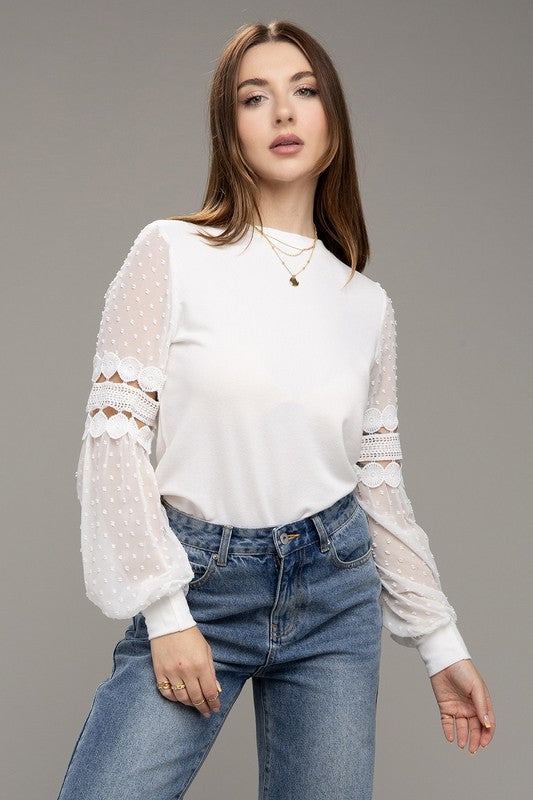 Swiss Dot Lace Bubble Sleeve Top