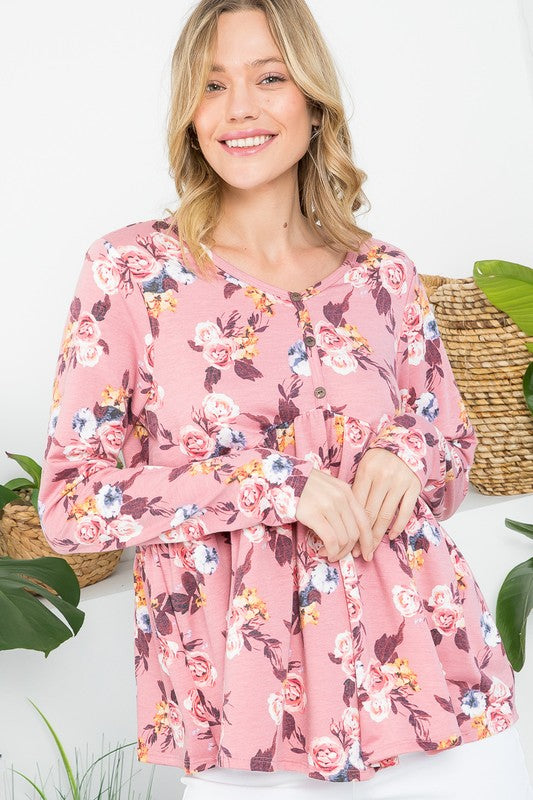 Plus Floral Button V Neck Long Sleeve Babydoll Top