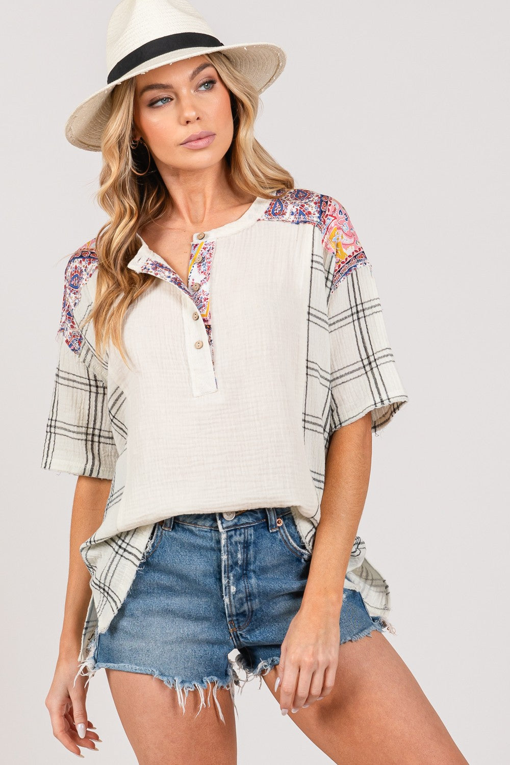 Plaid Paisley Half Button Gauze Shirt