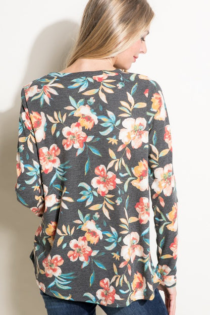 Plus Floral Sequin Pocket Long Sleeve Top