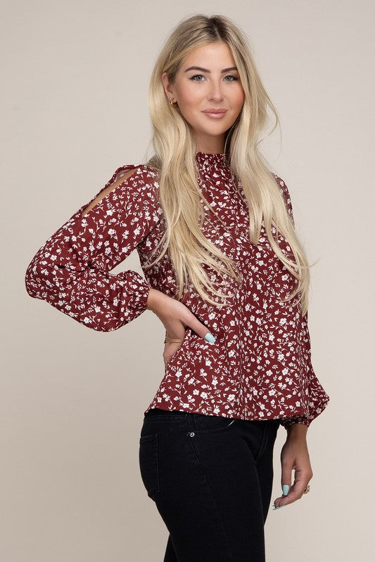 Burgundy Ditsy Floral Split Sleeve Blouse