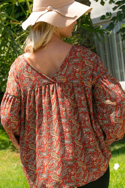 Plus Paisley Bubble Sleeve Babydoll Blouse