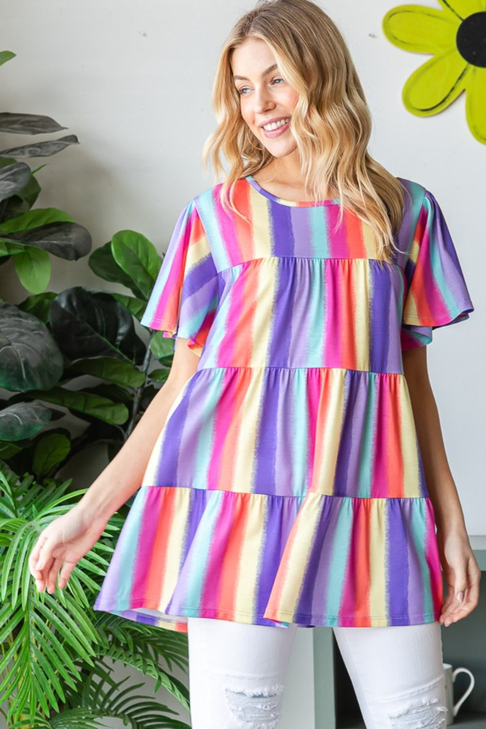 Ombre Stripe Flutter Sleeve Tiered Top