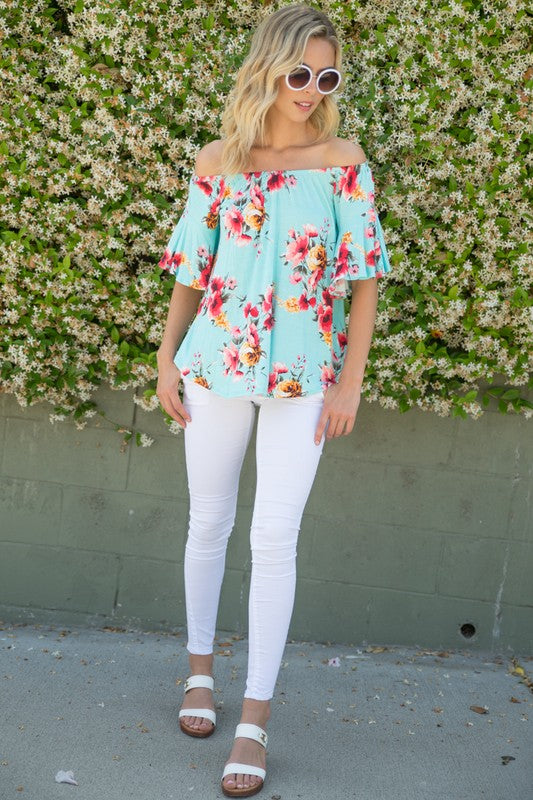 Plus Floral Off Shoulder Ruffle Sleeve Top