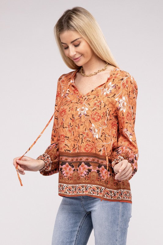 Paisley Print Tie Neck Blouse