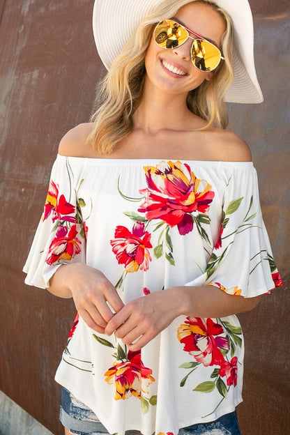 Plus Floral Off Shoulder Ruffle Sleeve Top