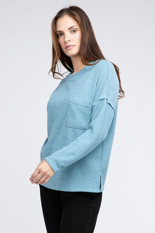 Ribbed Brushed Melange Hacci Sweater with a Pocket