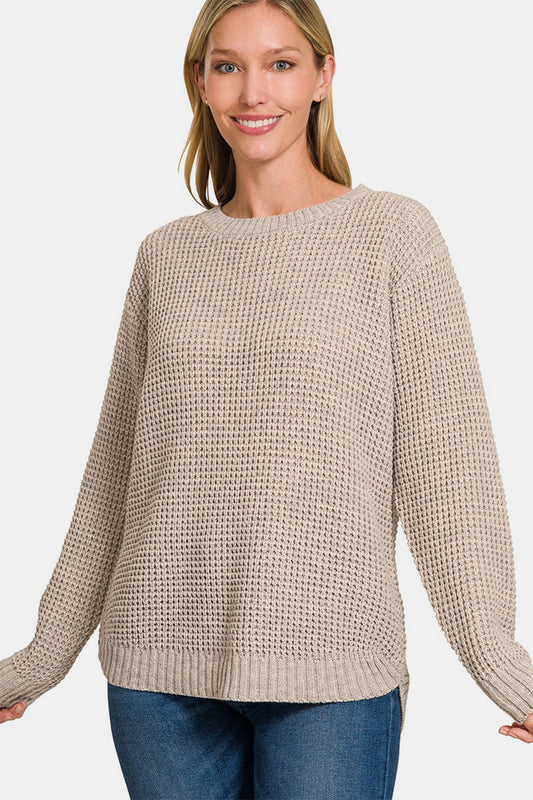 Hi-Low Long Sleeve Round Neck Waffle Sweater