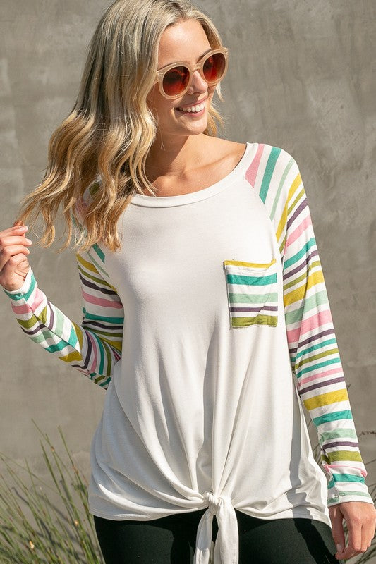 Striped Raglan Pocket Front Tie Top