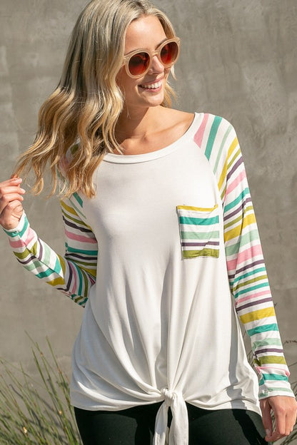 Striped Raglan Pocket Front Tie Top