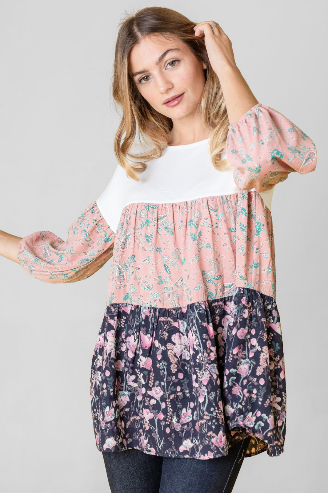 Plus Paisley Floral Bubble Sleeve Tiered Tunic