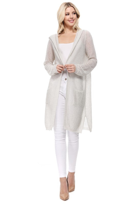 Open Stitch Hoodie Long Cardigan