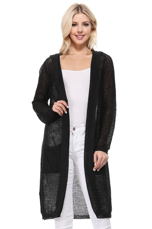 Open Stitch Hoodie Long Cardigan