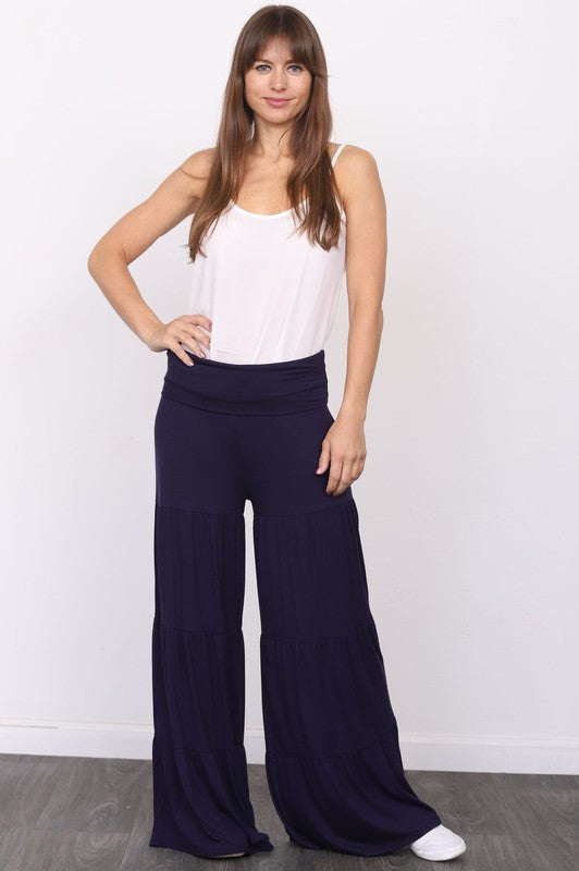 Foldover Solid Tiered Wide Leg Pants