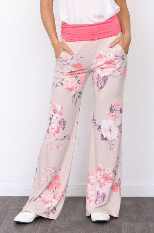 Plus Fold Over Waistband Floral Wide Leg Pants
