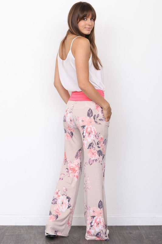 Fold Over Waistband Floral Wide Leg Pants