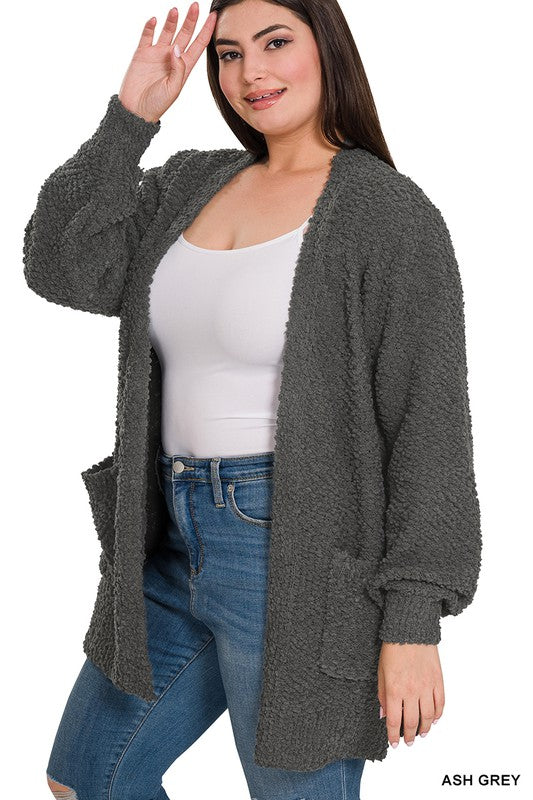 Plus Puff Sleeve Popcorn Cardigan With Pockets