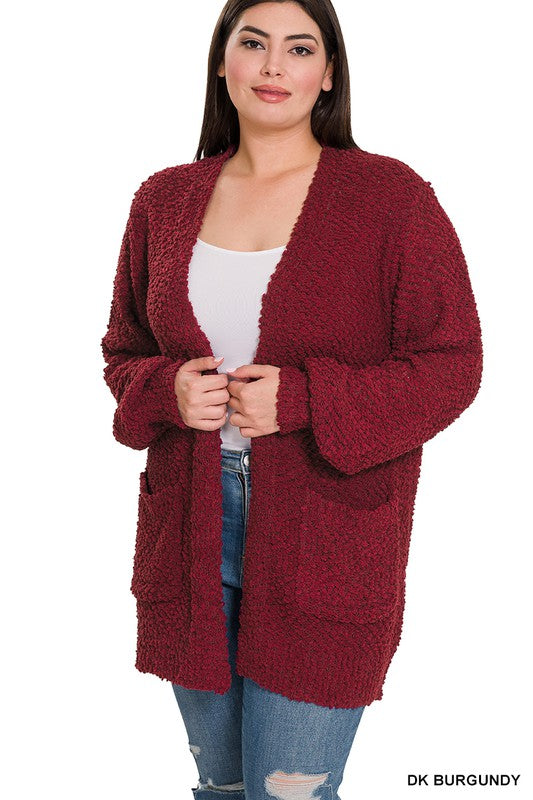 Plus Puff Sleeve Popcorn Cardigan With Pockets