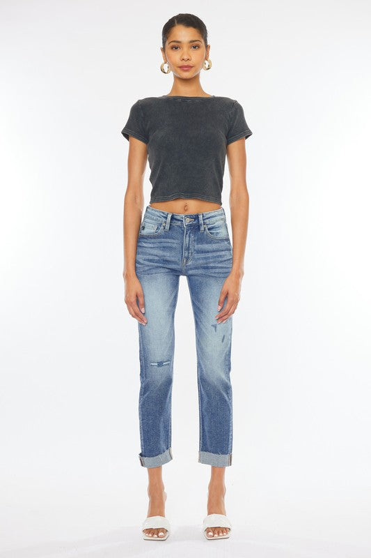 High Rise Cuffed Slim Straight Jeans