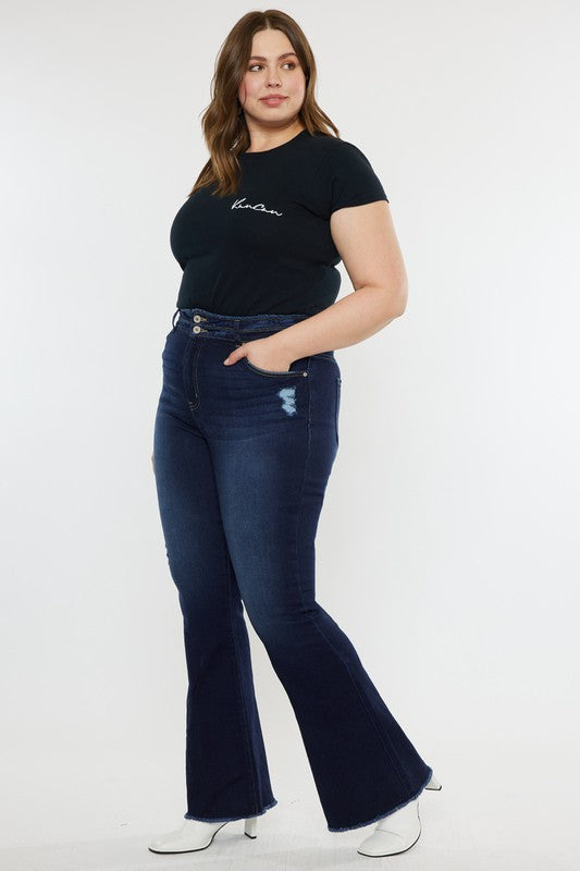 Plus High Rise Double Button Fray Hem Flare Jeans