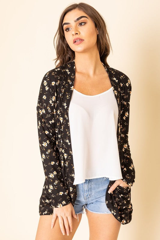 Floral Ribbed Slouchy Pocket Cardigan
