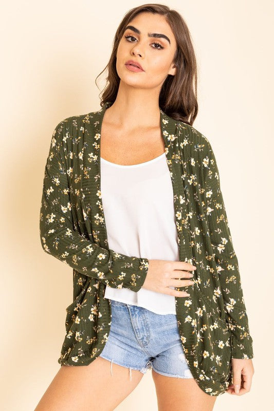 Floral Ribbed Slouchy Pocket Cardigan