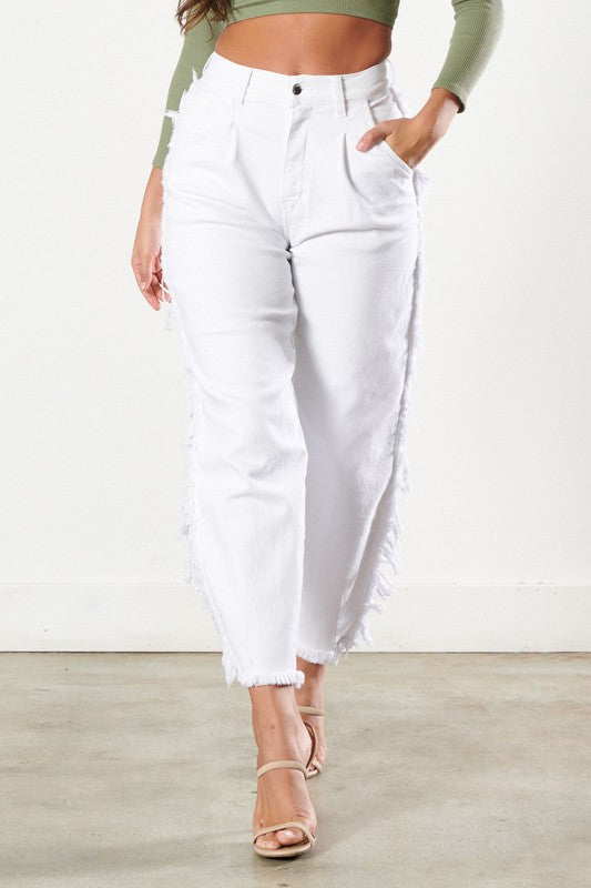 White Side Frayed Slouchy Jeans