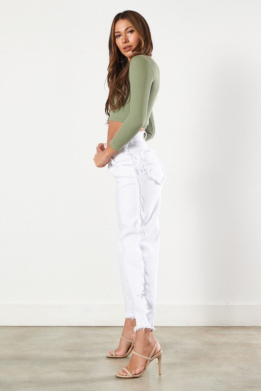 White Side Frayed Slouchy Jeans