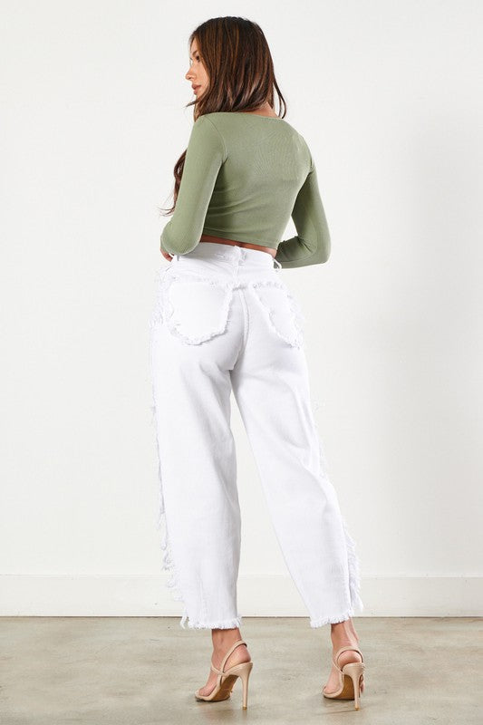 White Side Frayed Slouchy Jeans