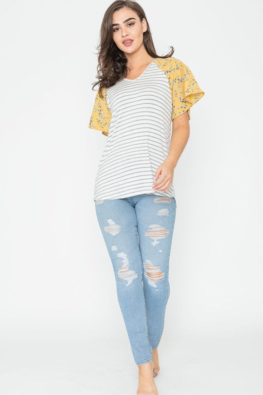 Plus V Neck Stripe Floral Sleeve Top