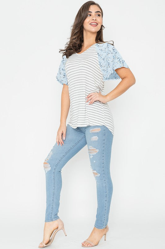 V Neck Stripe Floral Sleeve Top