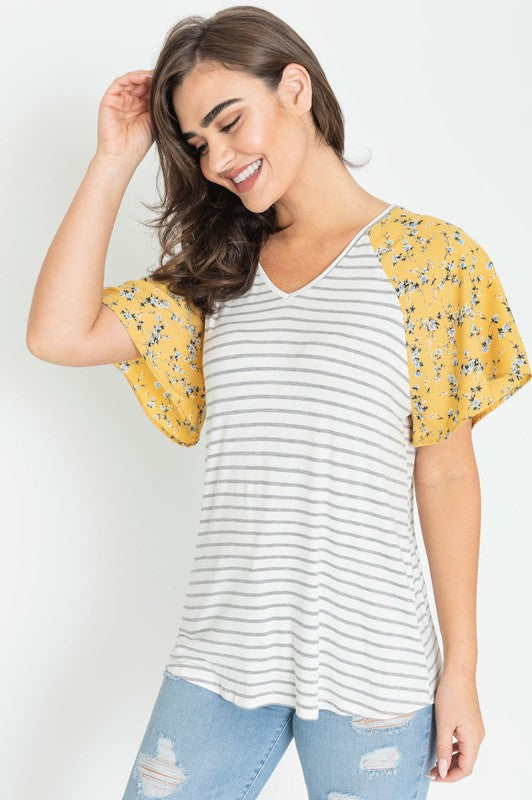 Plus V Neck Stripe Floral Sleeve Top