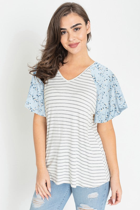 V Neck Stripe Floral Sleeve Top