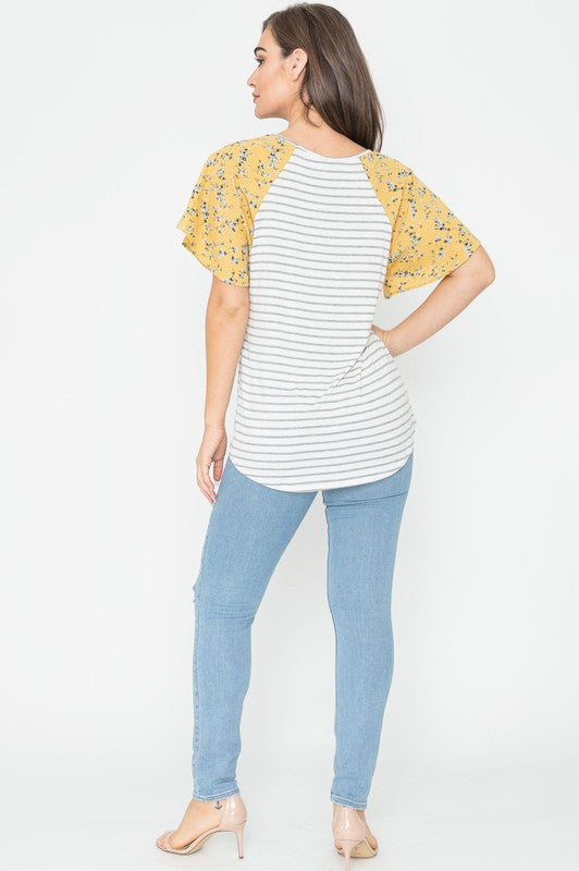 Plus V Neck Stripe Floral Sleeve Top