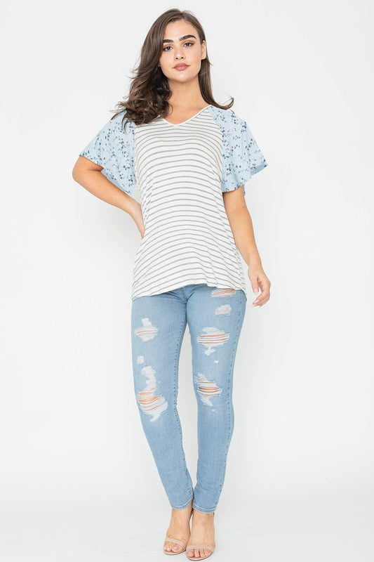 V Neck Stripe Floral Sleeve Top