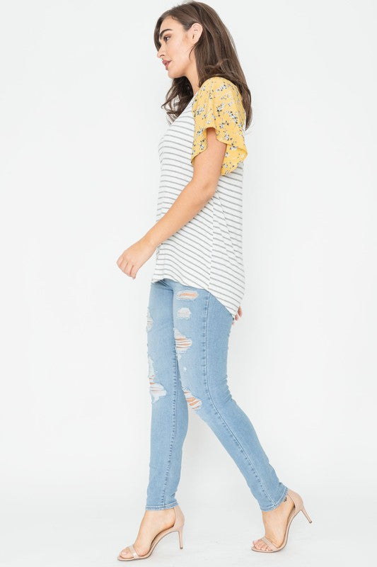 Plus V Neck Stripe Floral Sleeve Top