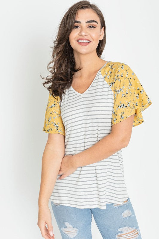 Plus V Neck Stripe Floral Sleeve Top