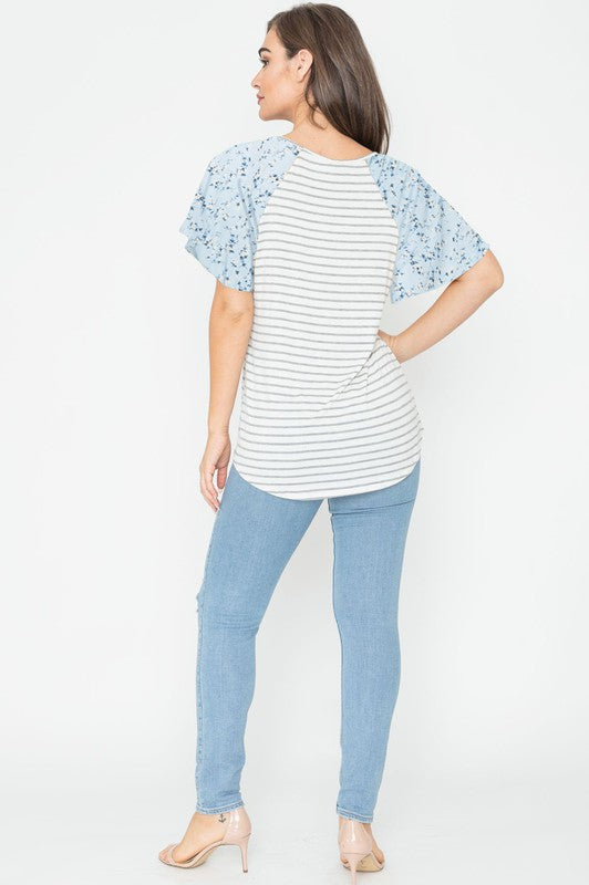 V Neck Stripe Floral Sleeve Top