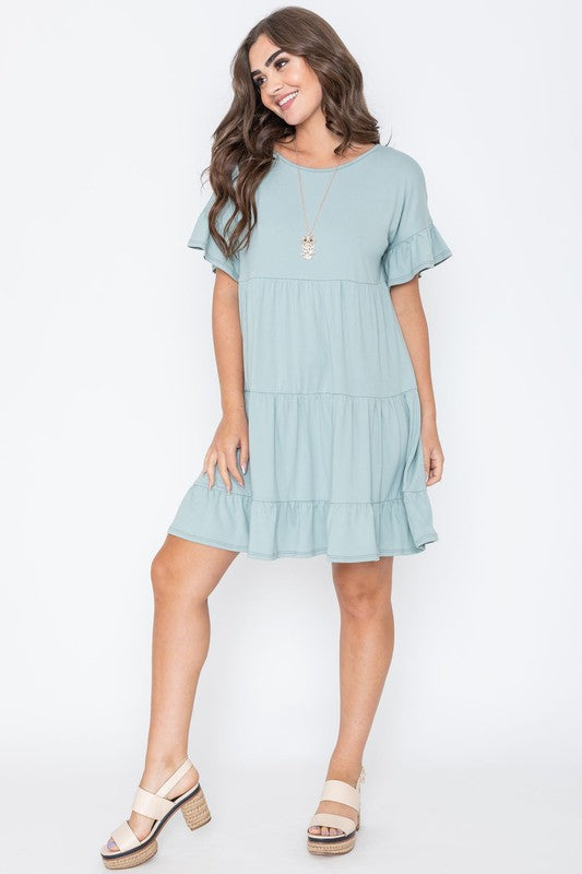 Plus Solid Ruffle Sleeve Tiered Dress