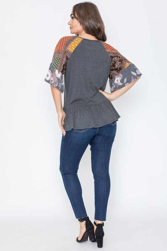 Plus Patchwork Ruffle Sleeve Tunic