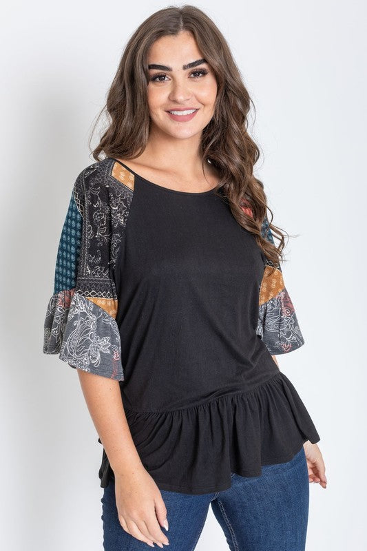 Plus Patchwork Ruffle Sleeve Tunic