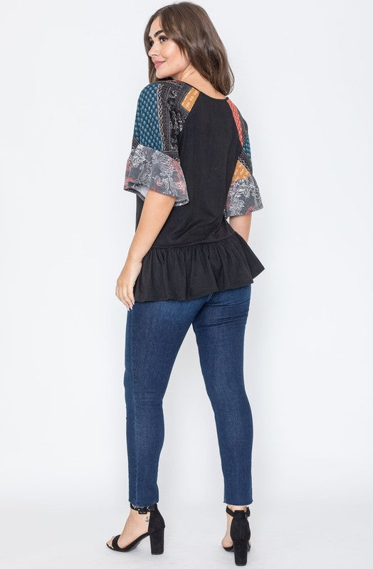 Plus Patchwork Ruffle Sleeve Tunic