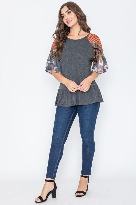 Plus Patchwork Ruffle Sleeve Tunic